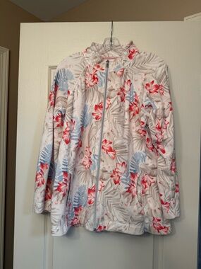 Floral Zip-Front Fleece Jacket - White with Red & Blue Floral